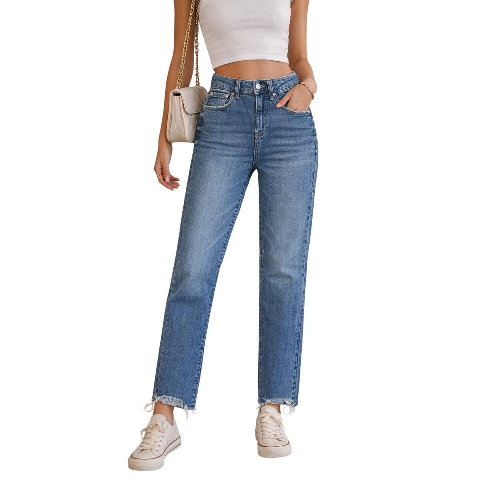 Pistola Distressed Straight Leg Jeans Raw Hem Stretch Denim Womens 24x26